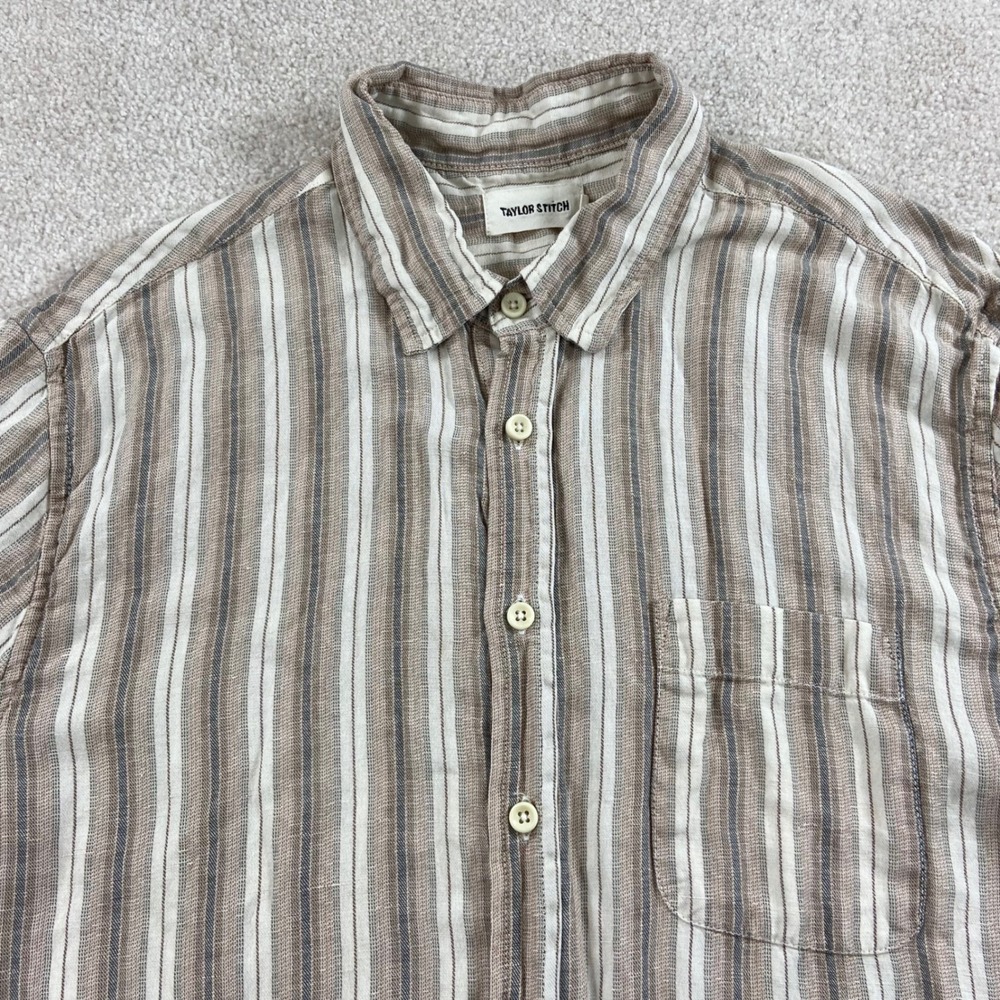 Taylor Stitch Shirt Mens 42 Brown Tan Stripe Linen Tencel Short Sleeve Button Up